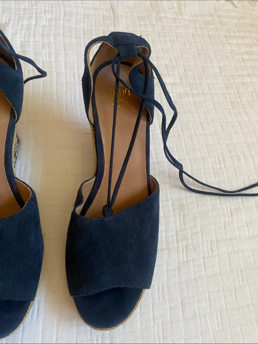 CAbi Navy Suede Lace-Up Wedge Espadrilles with Patterned Jute